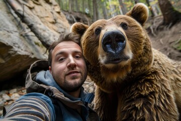 Naklejka premium Zoologist taking a selfie with a brown bear in the forest