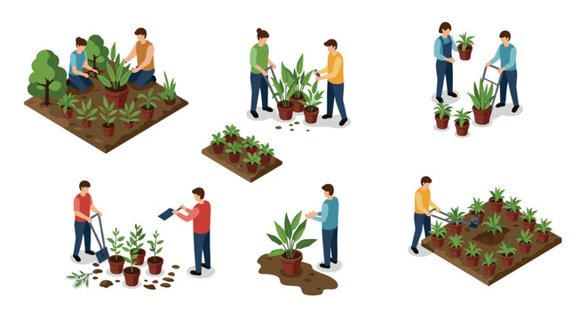 Isometric urban gardening: diverse activities and plant care in community spaces - Powered by Adobe