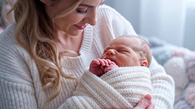 Heartwarming Moment of Mother Gently Holding Sleeping Infant in Cozy Environment