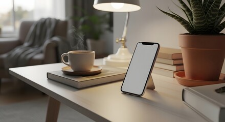 Cozy home office setup with smartphone coffee and books on a desk