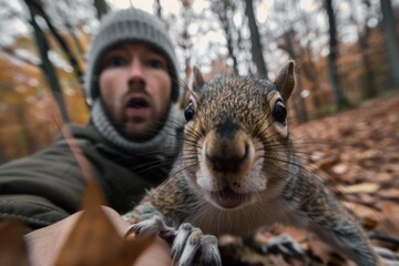 Naklejka premium Close up of a curious squirrel interacting with a surprised photographer taking a selfie in a forest during autumn