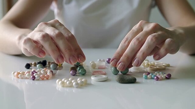 Close-up slow dolly of female hands gently sorting tiny pastel beads, stones and buttons on a pristine white table. Soft natural light, clean minimal aesthetic and calming tactile realism with - Powered by Adobe