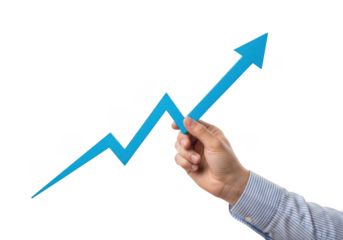 Hand holding a blue upward trending arrow graph symbolizing business growth, success, and positive financial progress isolated on transparent background