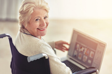 Wheelchair, old woman and laptop portrait in home for social security, online finance and website. Retirement research, senior person and tech for disability insurance, policy review and banking app