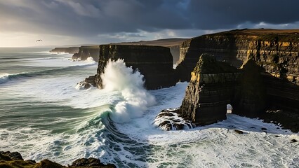 Colossal Wave Explodes on Sun-Kissed Irish Cliffs Under a Dramatic Stormy Sky.