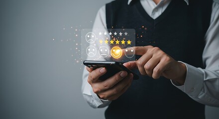 Client Relationship Management Corporate professional providing high-quality feedback and 5-star rating on a transparent digital screen overlay.