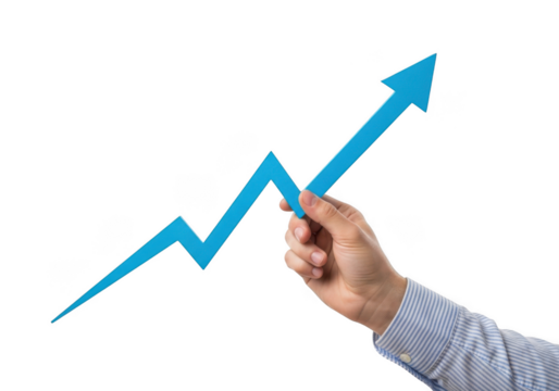 Hand holding a blue upward trending arrow graph symbolizing business growth, success, and positive financial progress isolated on transparent background