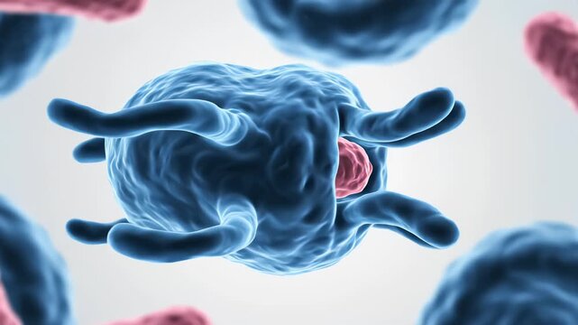 A white blood cell extending pseudopods to capture and engulf a bacterium in a realistic immune-response scene