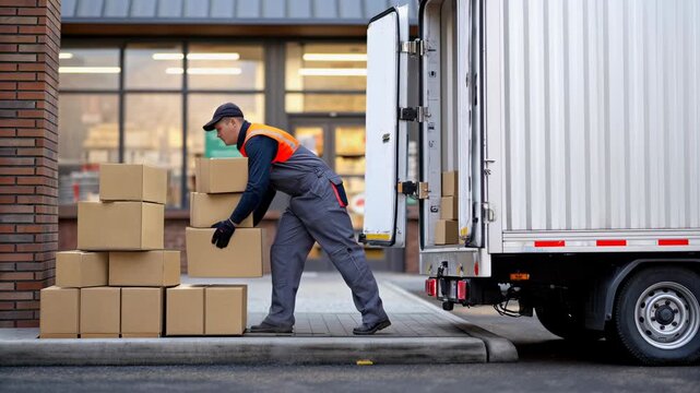 Petroleum price small business concept. Stacked boxes outside a retail store with delivery vehicle.