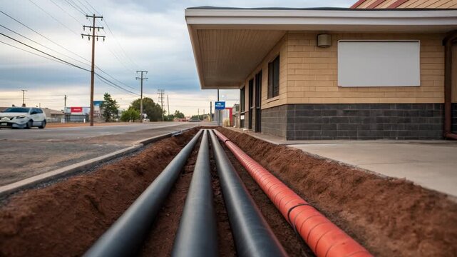 Petroleum price small business concept. Pipes laid in a trench near a commercial building.
