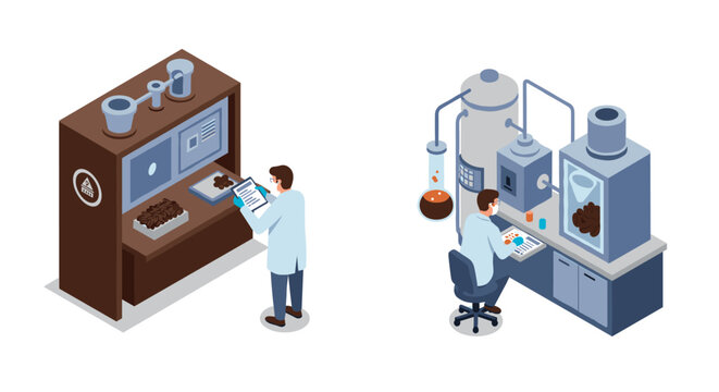 Isometric lab scene: scientists analyzing chocolate composition and production process