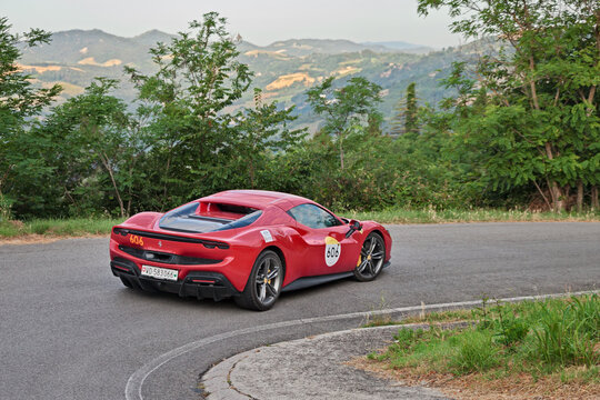 Supercar Ferrari 296 GTS (2024) in Tribute to Mille Miglia, historical car race, on June 20, 2025 in Predappio, FC, Italy
