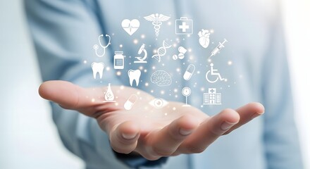 Person holding a holographic display of medical icons representing healthcare and science technology