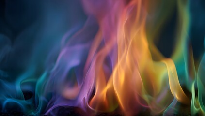 Abstract vibrant multicolored flames dance and swirl in a captivating display of ethereal light and color against a dark background