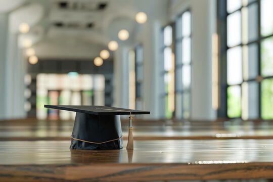 Graduation cap placed on a wooden desk in an empty university hall represents a fresh start and academic achievement