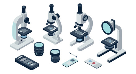 Isometric microscopes and lenses with smartphone accessories on white background