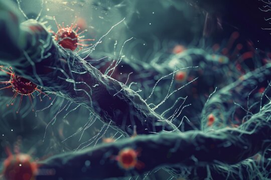 Microscopic view of bacteria and viruses attacking cells, causing infection and disease