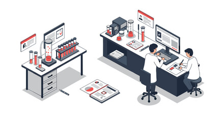 Obraz premium Isometric science lab with researchers analyzing data and experiments