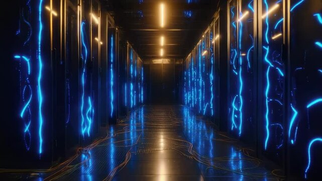 Data center hallway with rows of server racks glowing blue neon lights.
