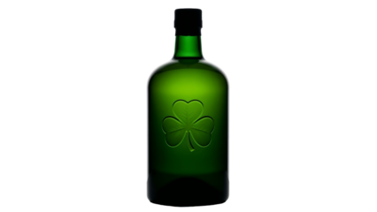 Green glass bottle with clover emblem silhouette. St. Patrick’s Day drink element, on white background 