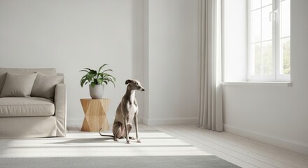 Sleek greyhound dog standing or running, showing slim body, elegant form, and smooth short coat.