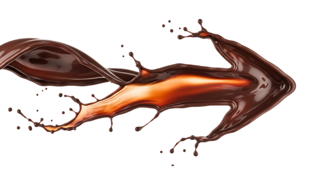 Dynamic brown liquid splash shaped like an arrow isolated on transparent background