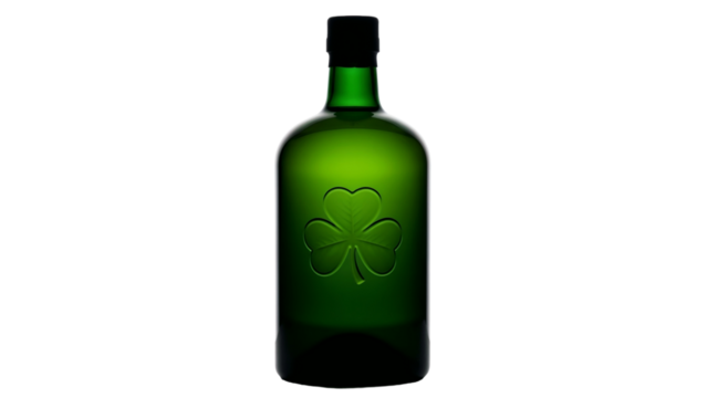 Green glass bottle with clover emblem silhouette. St. Patrick’s Day drink element, on white background  - Powered by Adobe