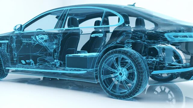 Transparent car cutaway reveals interior. Xray view exposes chassis and engine layout. Wheel and suspension detail visible. Sedan profile and vehicle structure highlighted. Automotive design concept.