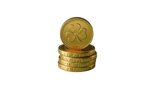 Gold foil-wrapped chocolate coin stack on smooth green surface with soft light, festive sweets for St. Patrick’s Day