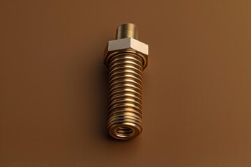Long golden bolt standing on a brown surface, featuring a hex nut and detailed threading, ideal for industrial or construction themes