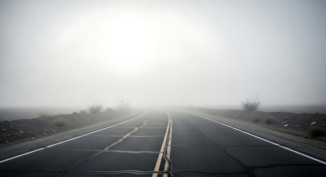 A desolate highway stretching into the fog with cracked asphalt and sparse roadside vegetation ai generated