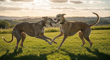 Sleek greyhound dog standing or running, showing slim body, elegant form, and smooth short coat.