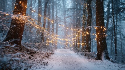 A snowy forest path illuminated by festive string lights during winter.