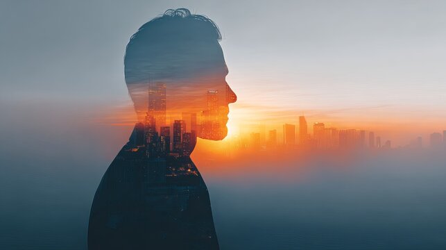 Visionary leader dreaming of success with stunning cityscape sunrise reflecting ambition and future growth, modern business concept for motivation
