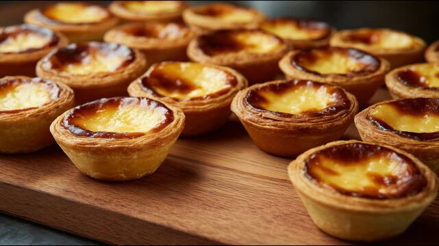 Female hand picking a traditional portuguese egg tart pastry from a wooden board