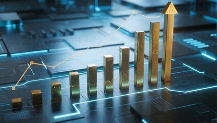 Golden bar chart on digital circuit board - Powered by Adobe