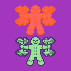 Two Gingerbread Men Lifting Weights Orange and Green Keywords: gingerbread man, fitness, lifting