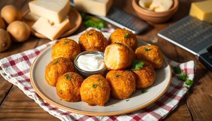 Delicious Homemade Deep-Fried Savory Snacks, Surrounded by Ingredients like Cheese Blocks and Potatoes, Perfect for an Appetizer or Side Dish.