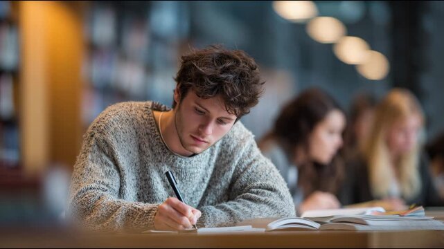 Handsome male student taking notes while studying in a university library with other students