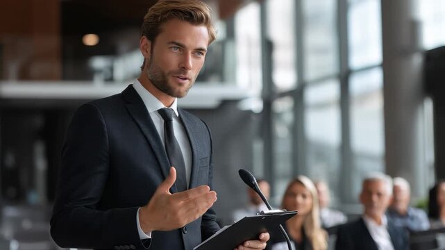 Corporate presentation by a business man speaker at a conference, engaging with an audience in a modern corporate environment - Powered by Adobe