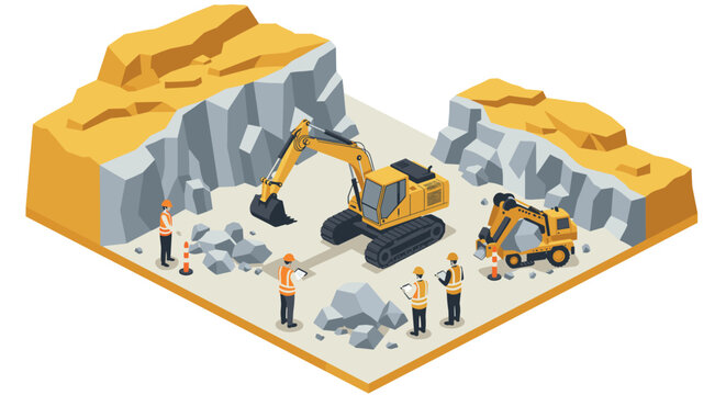 Isometric construction site with excavators and workers in quarry setting