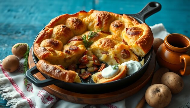 Rustic Eastern European Sweet or Savory Baked Dish, With a Sliced Piece on a Small Plate and Ingredients on a Blue Wooden Tabletop.