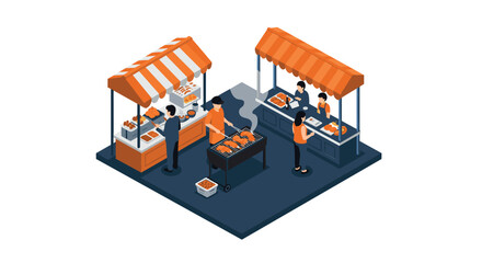 Isometric street food market scene with vendors and customers
