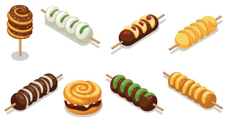 Isometric assorted skewered snacks: pretzel spiral, mocha, matcha delights