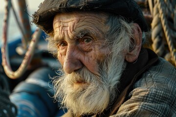 Close up of an elderly fisherman with weathered face, long white beard, and cap, possibly reflecting a life at sea