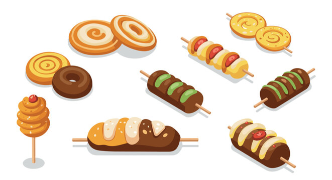 Delicious street food: assorted snacks and skewers in isometric style