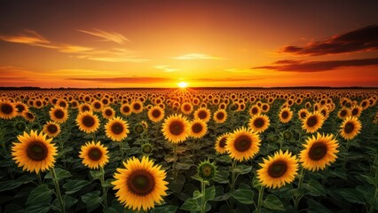Obraz premium Sunset over vast sunflower field with vibrant orange sky