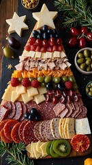 Christmas Tree Charcuterie Board with Cheese, Fruit and Salami Flat Lay