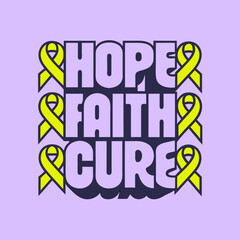 Hope Faith Cure text with yellow awareness ribbons on lavender
