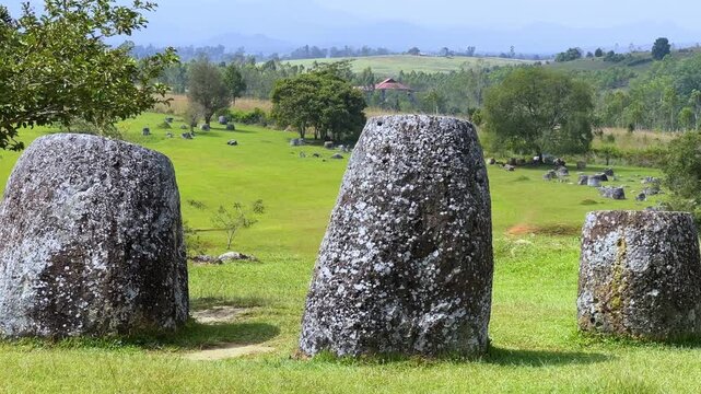 Valley of the Jars, Laos. Phongsavan. Valley of the Jars. The megalithic archaeological landscape consists of thousands of stone jars scattered across the Xiangkhouang Plateau. 4К